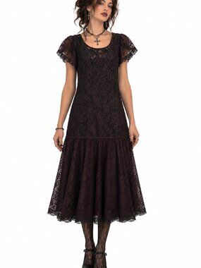 Vintage 90s Lace Sequin Drop Waist Dress sz 12 USA Dark Romantic Gothic